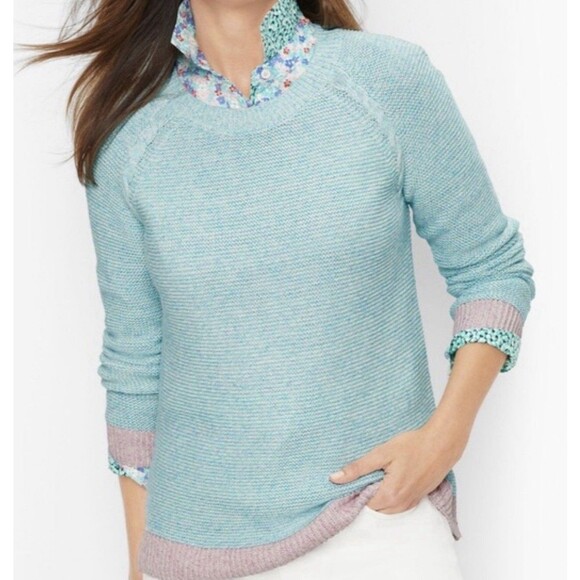 Talbots Sweater Cotton Linen Blend knit marbled blue pink Trim Petite Medium - Picture 1 of 7